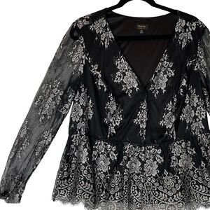 Maree Pour Toi Lace Peplum Top Long Sleeve V Neck Black Floral Blouse Size 16